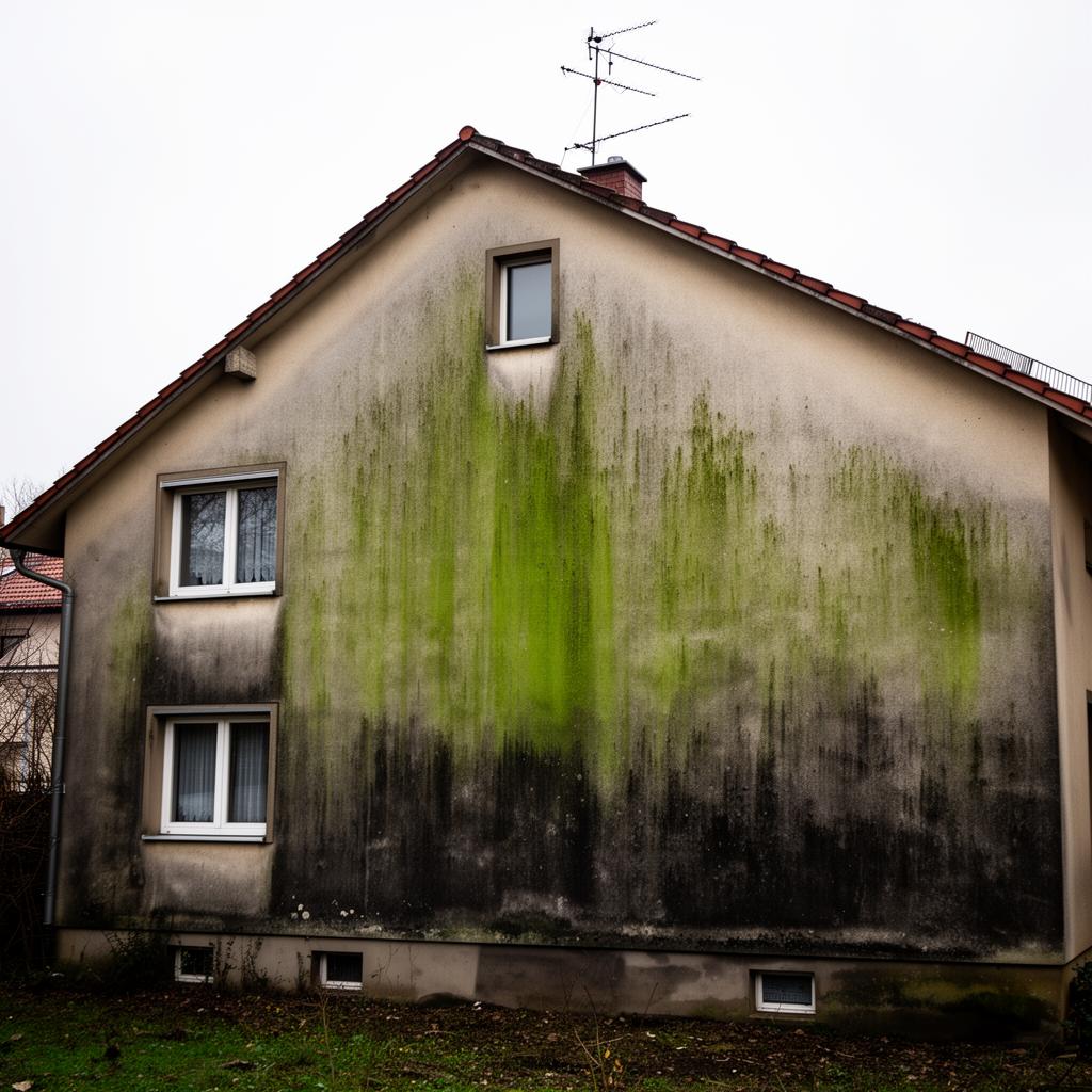 Verschmutzte Fassade mit Algen und Grünbelag