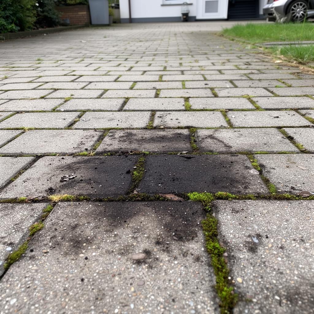 Verschmutztes Pflaster mit Moos und Grünbelag