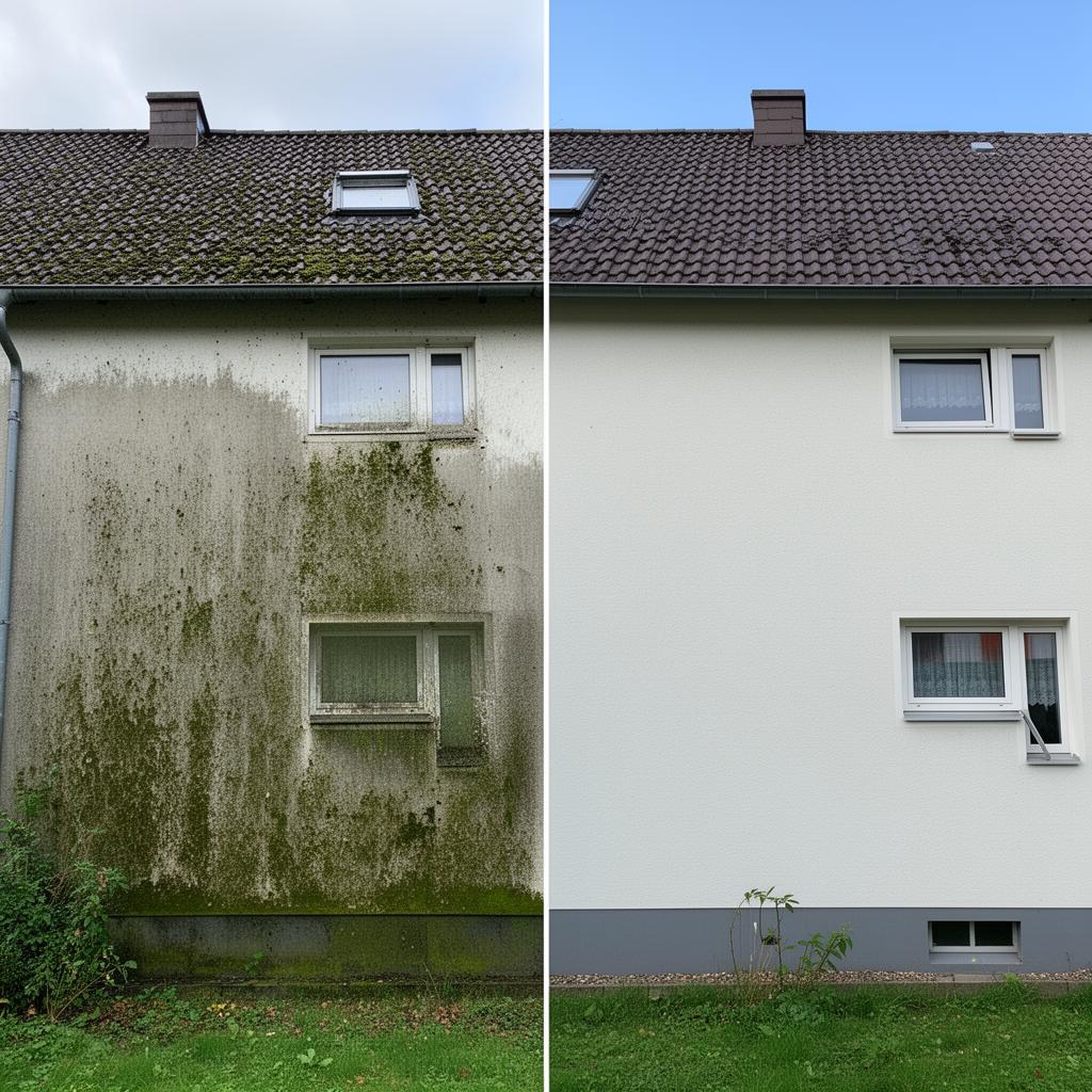 Fassadenreinigung – Mehrfamilienhaus – Vorher und Nachher