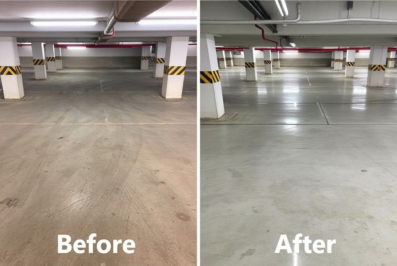 Tiefgaragenreinigung – Vorher und Nachher