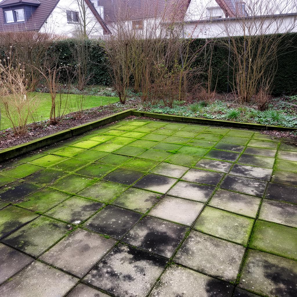 Verschmutzte Terrasse mit Moos und Grünbelag
