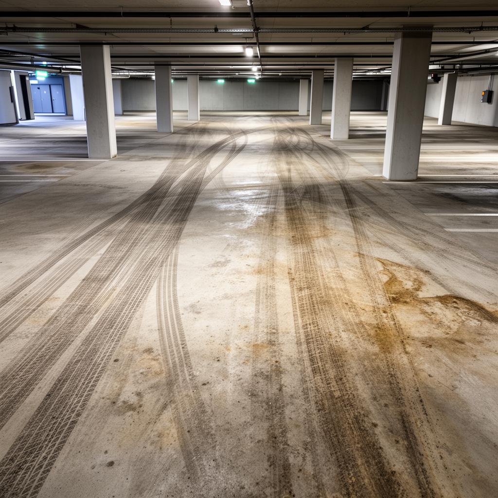 Verschmutzte Tiefgarage mit Ölflecken und Schmutz